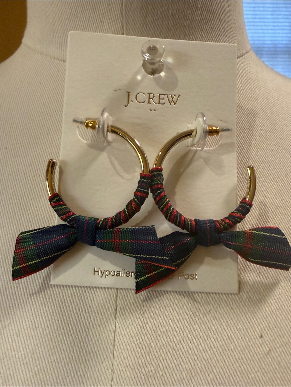 J. Crew Factory Gold Hoop Earrings with Navy and Red Plaid Bows